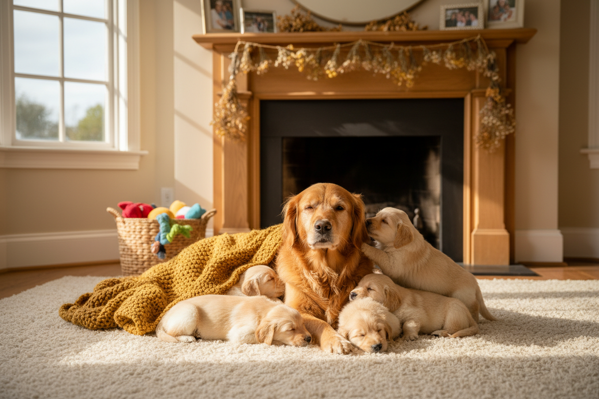 Golden Retriever mother with puppies